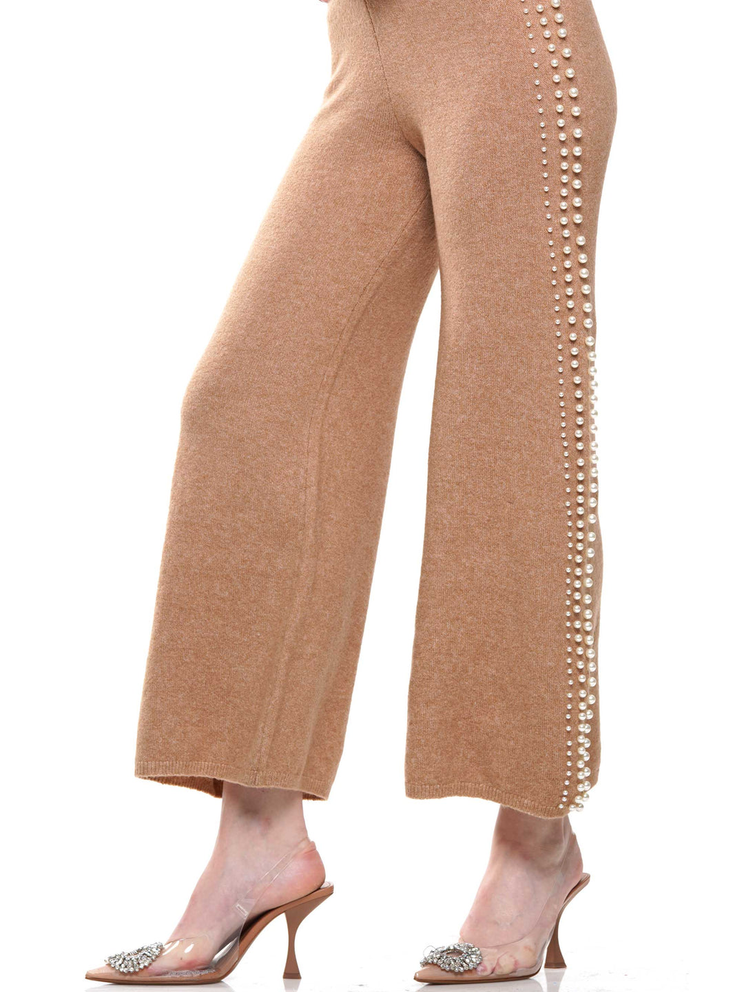 Pearl neck & lined knitted top & pants 2-Piece Set