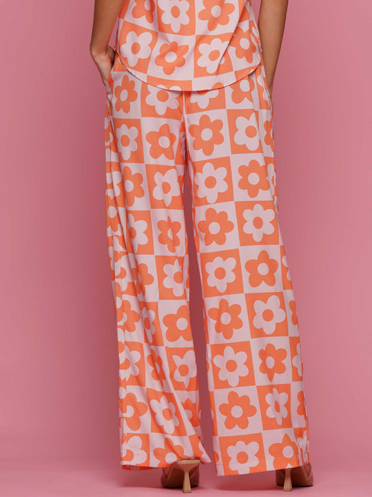Checkered flower top and pants set
