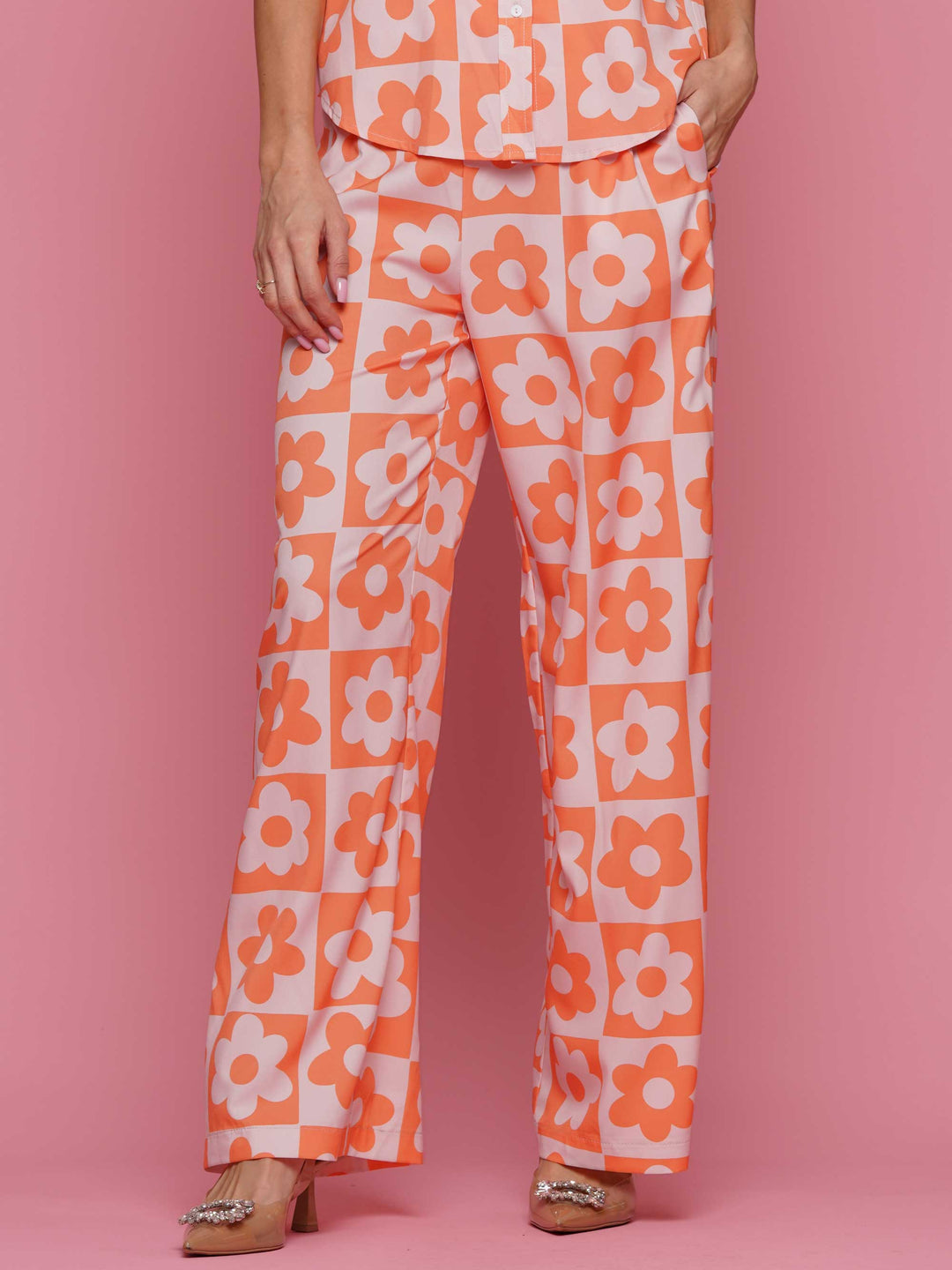 Checkered flower top and pants set
