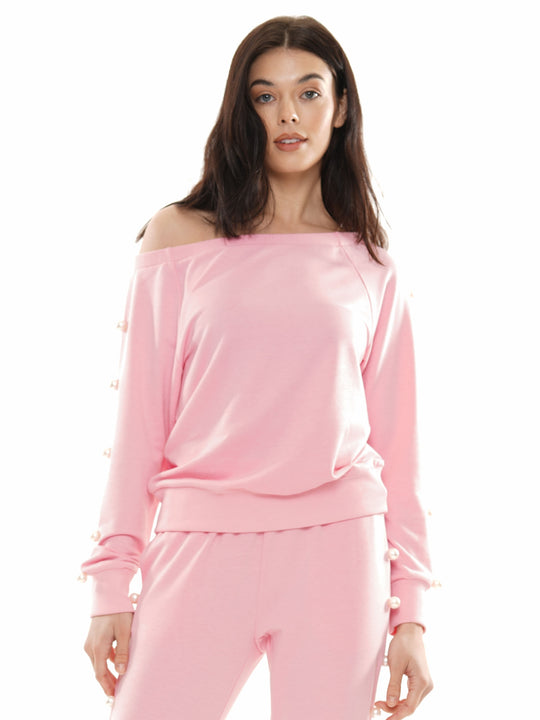 Pearl Trim Off-Shoulder Top & Pants 2-Piece Set