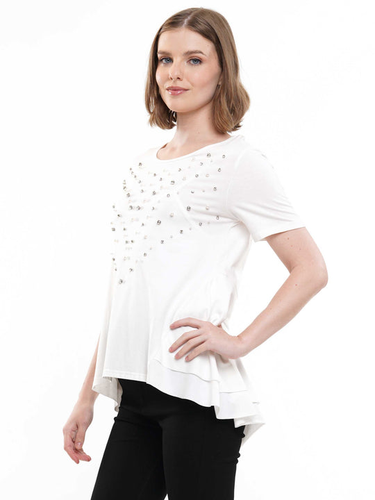 Embellished t-shirt with the asymmetrical, layered