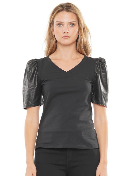 Faux leather ruff sleeve top