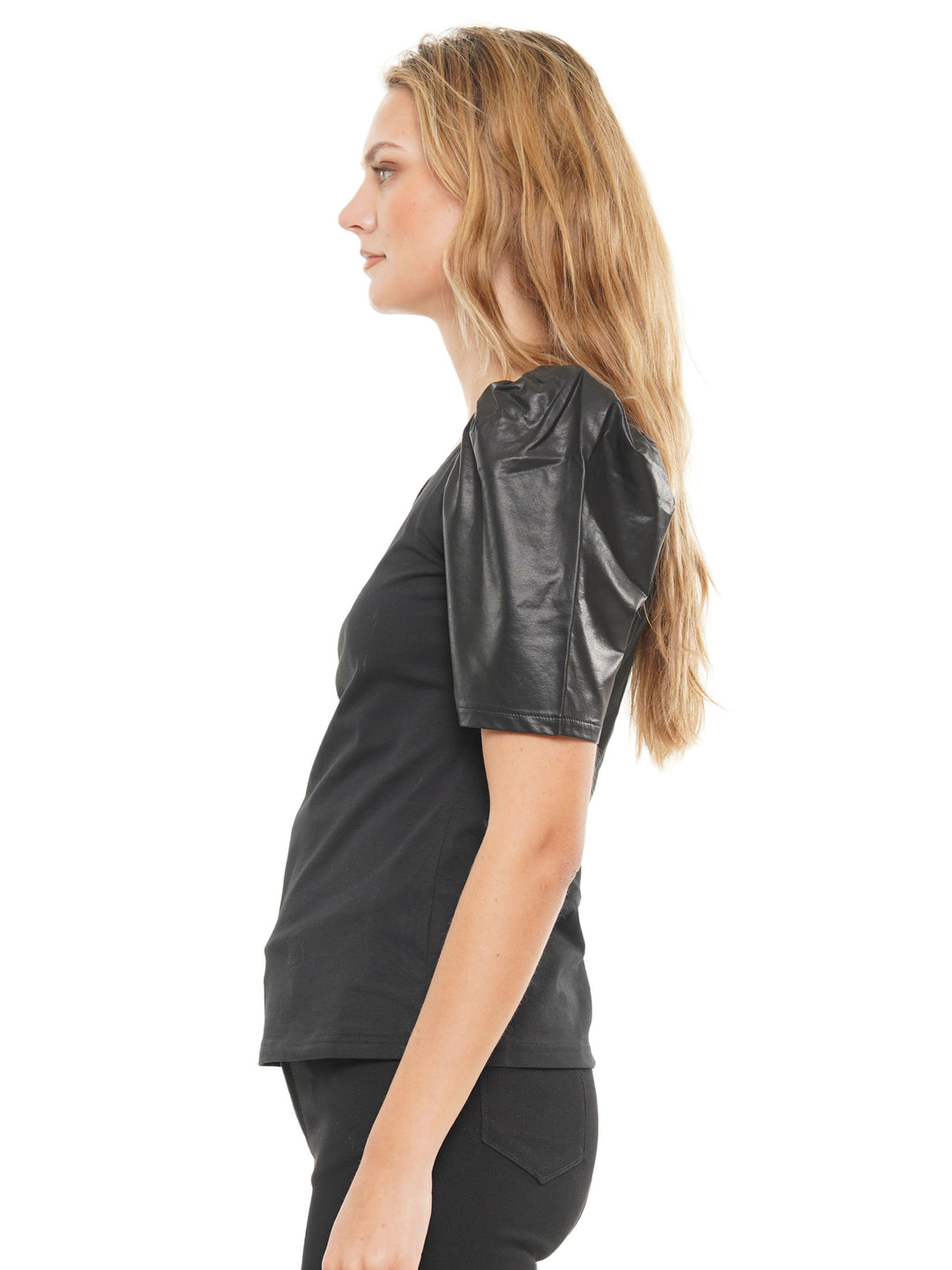 Faux leather ruff sleeve top