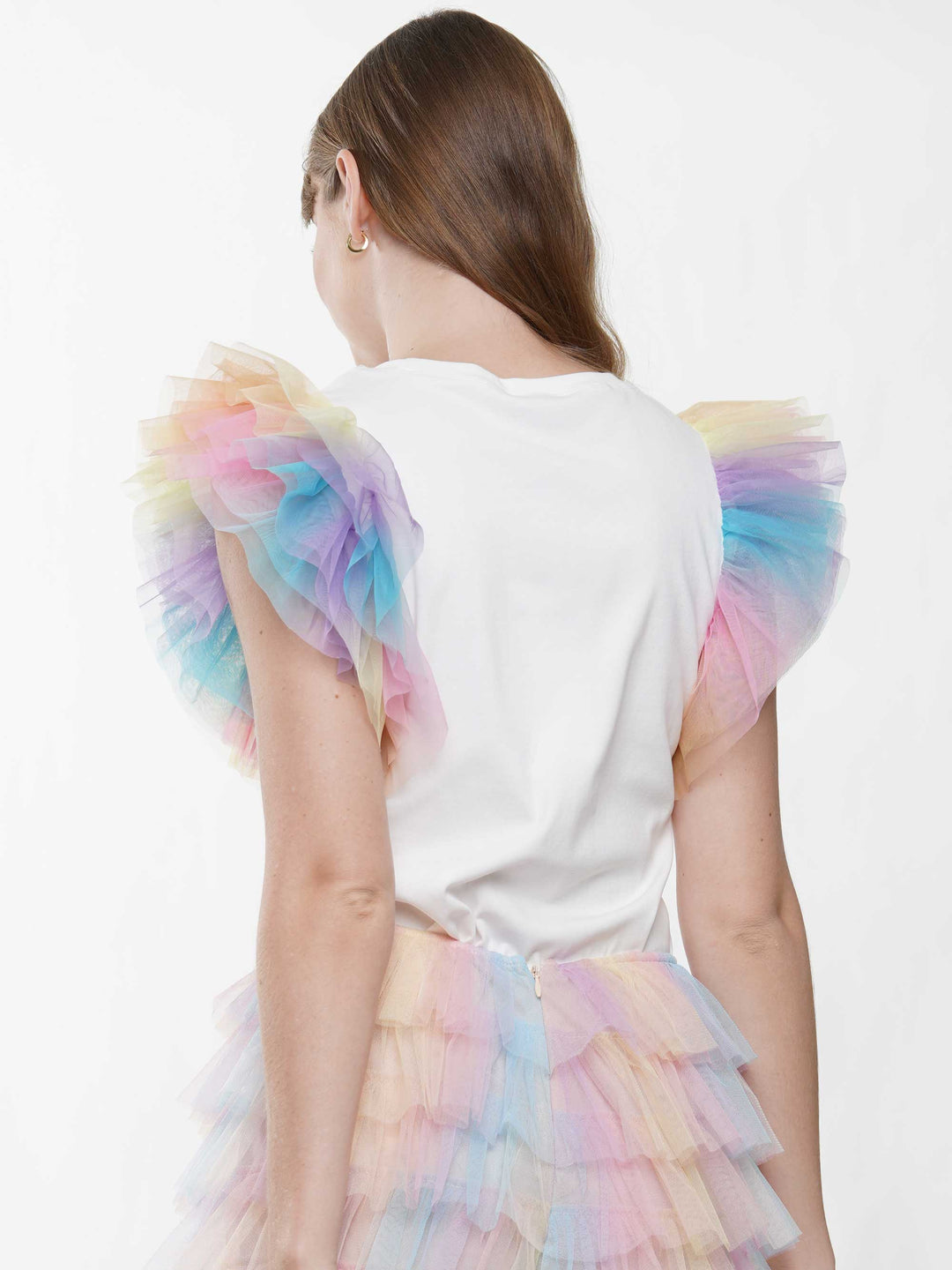 Madigras1 Graphic Rainbow Mesh Sleeve Top