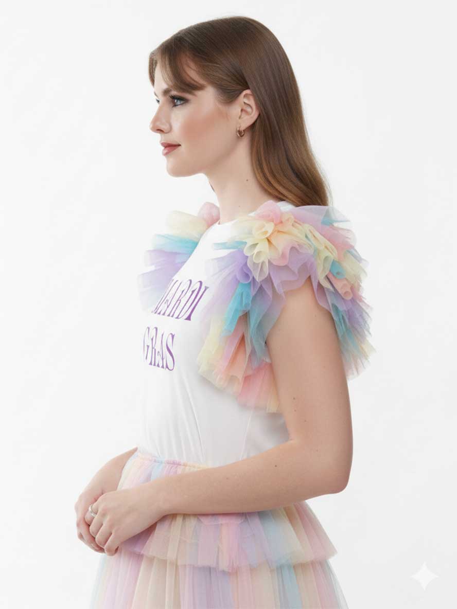 Madigras1 Graphic Rainbow Mesh Sleeve Top