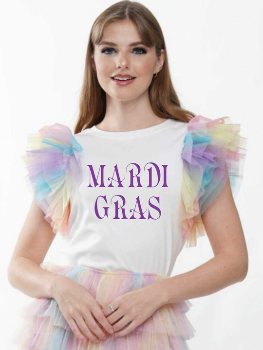 Madigras1 Graphic Rainbow Mesh Sleeve Top
