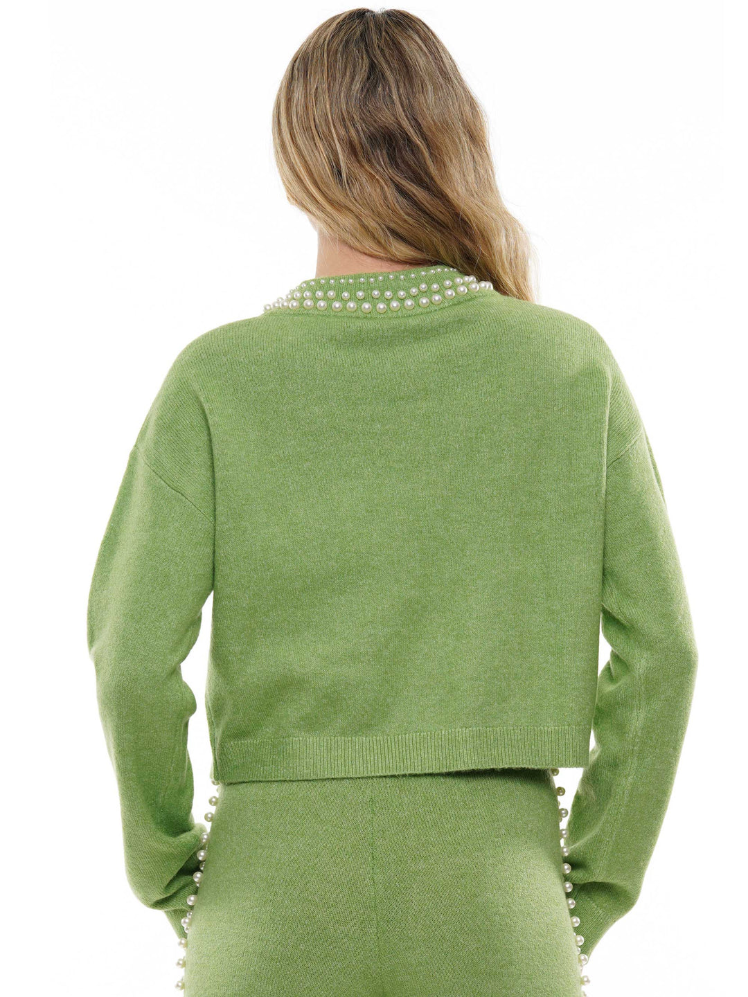 Pearl neck & lined knitted top & pants 2-Piece Set