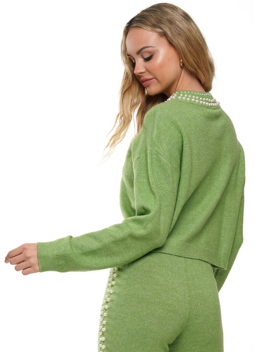Pearl neck & lined knitted top & pants 2-Piece Set