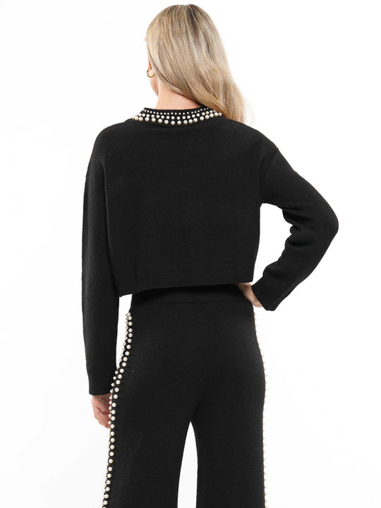 Pearl neck & lined knitted top & pants 2-Piece Set