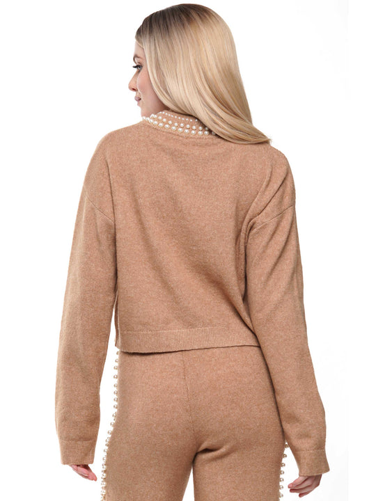 Pearl neck & lined knitted top & pants 2-Piece Set