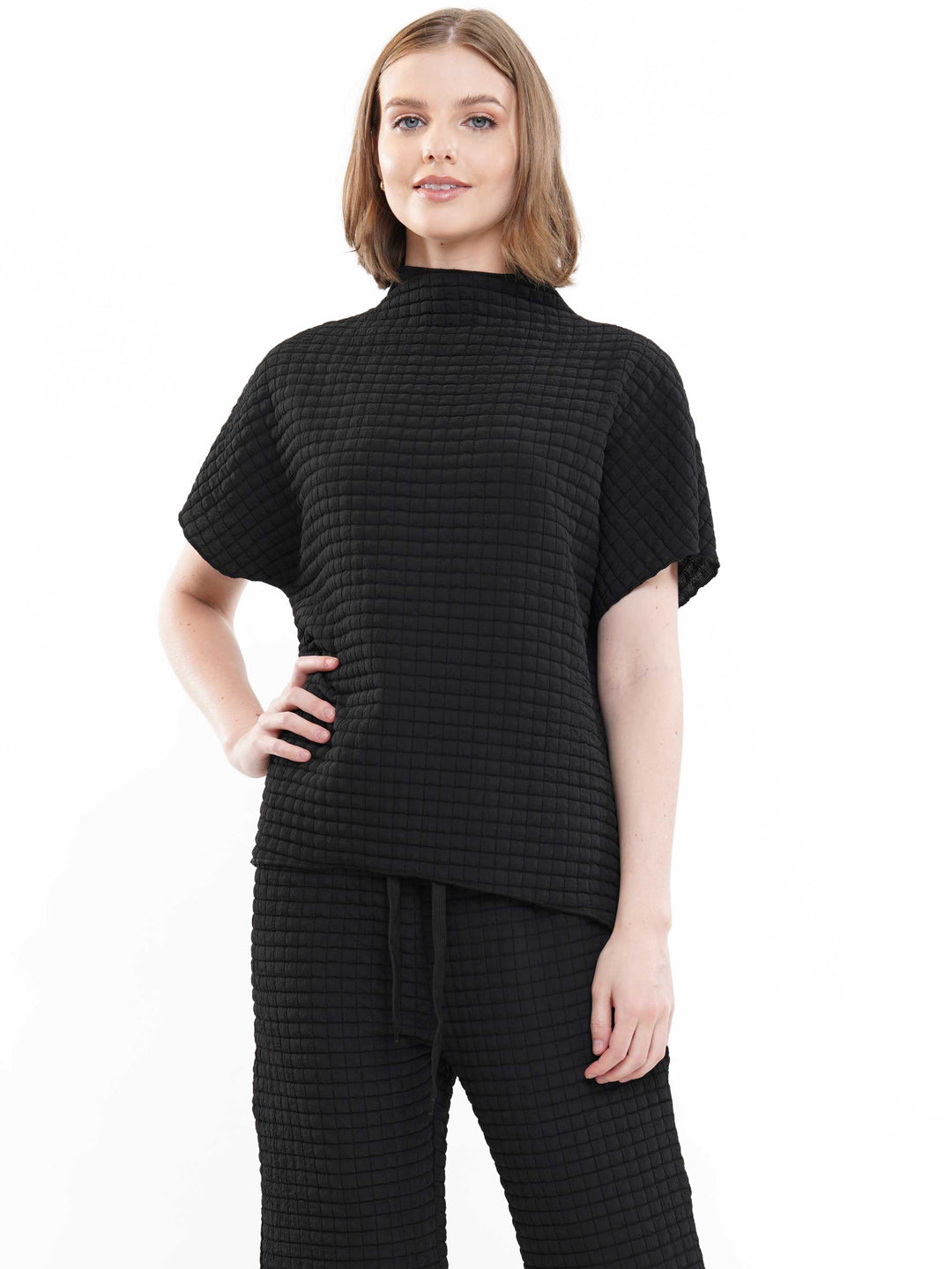 Waffle Textured Mock Neck Short Sleeve & Pants Set