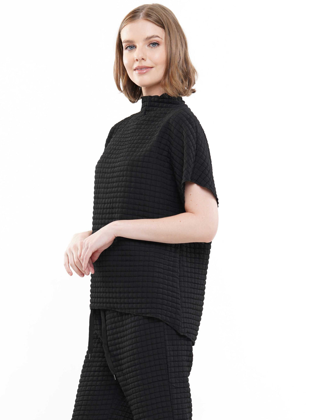 Waffle Textured Mock Neck Short Sleeve & Pants Set