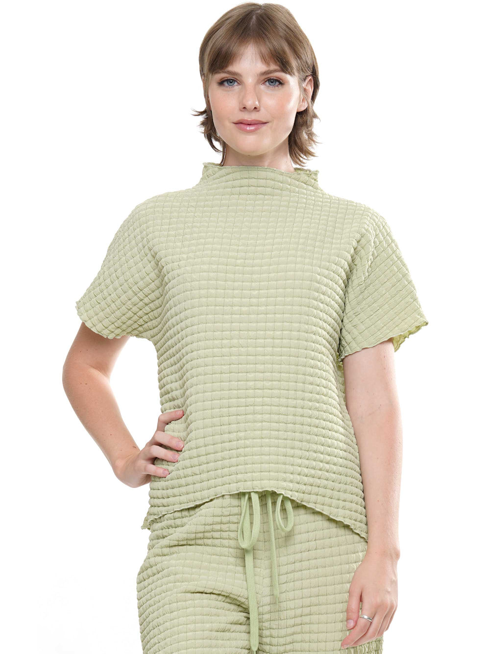 Waffle Textured Mock Neck Short Sleeve & Pants Set