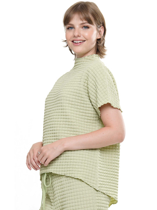 Waffle Textured Mock Neck Short Sleeve & Pants Set