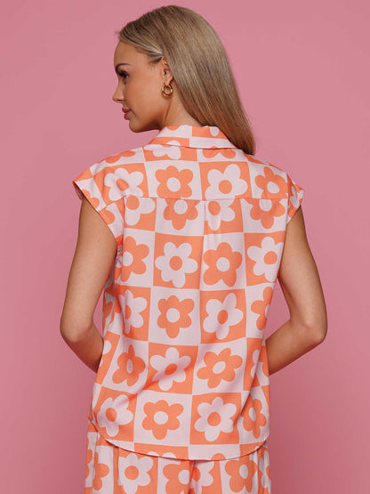 Checkered flower top and pants set