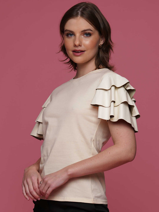Faux Leather Ruffled Sleeve Top