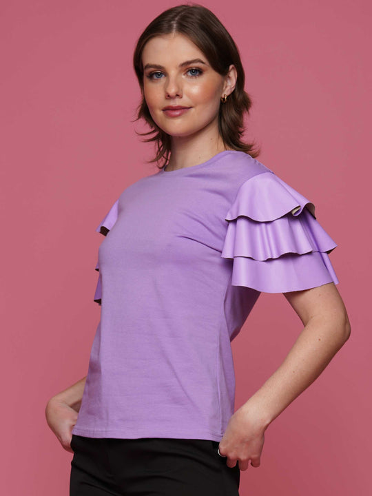 Faux Leather Ruffled Sleeve Top