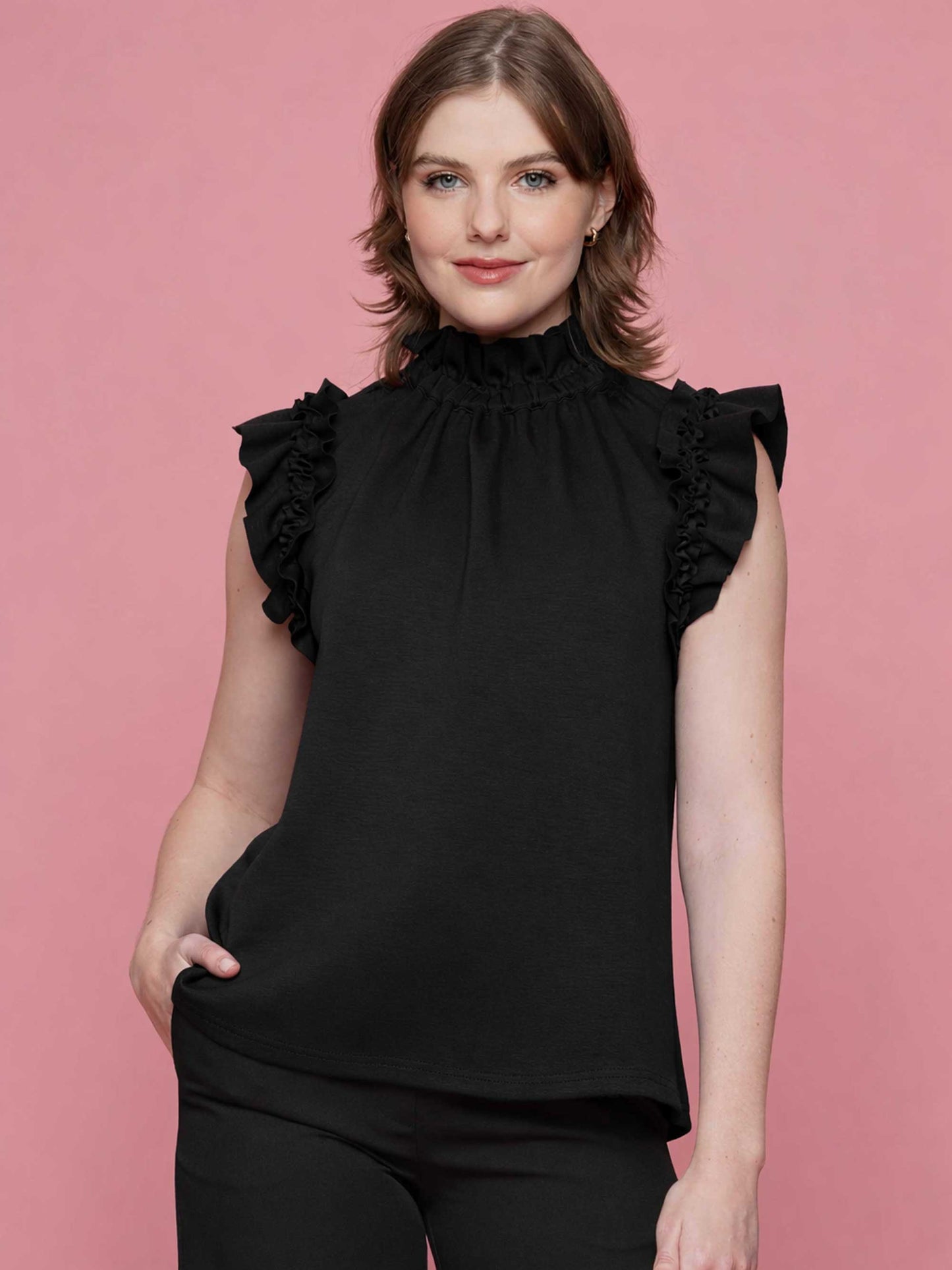 Soft Lyocell Ruffle Mock Neck