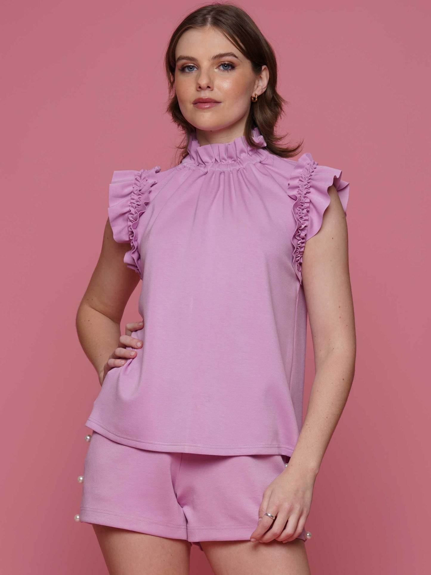 Soft Lyocell Ruffle Mock Neck