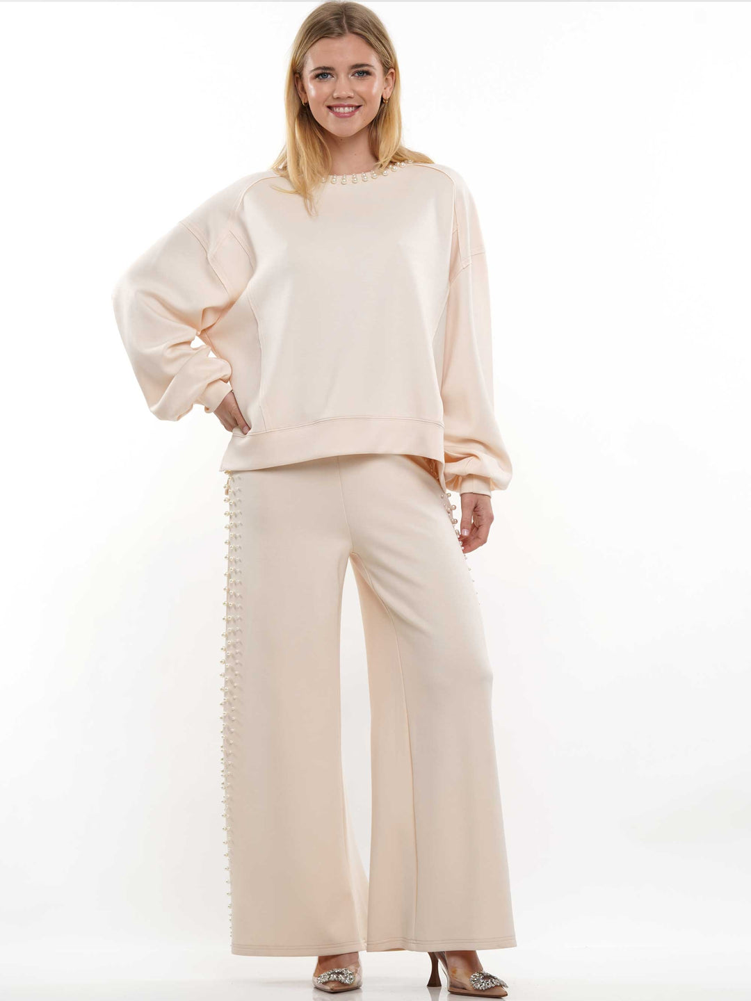 Super soft lyocell pearl and two slit long sleeve top
