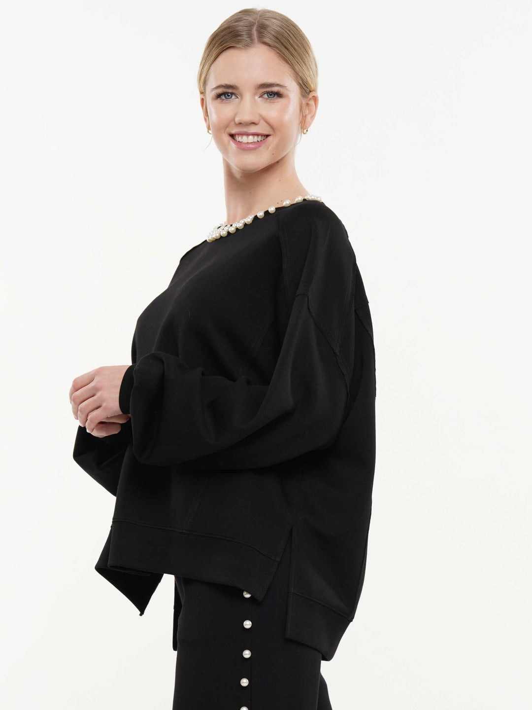 Super soft lyocell pearl and two slit long sleeve top
