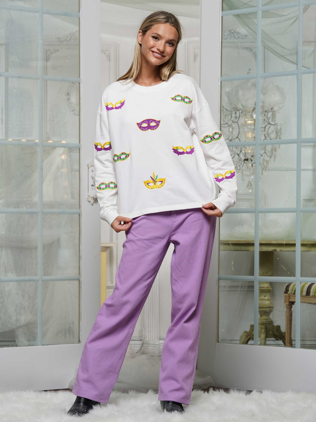 Mardi Gras Mask Print Sweater