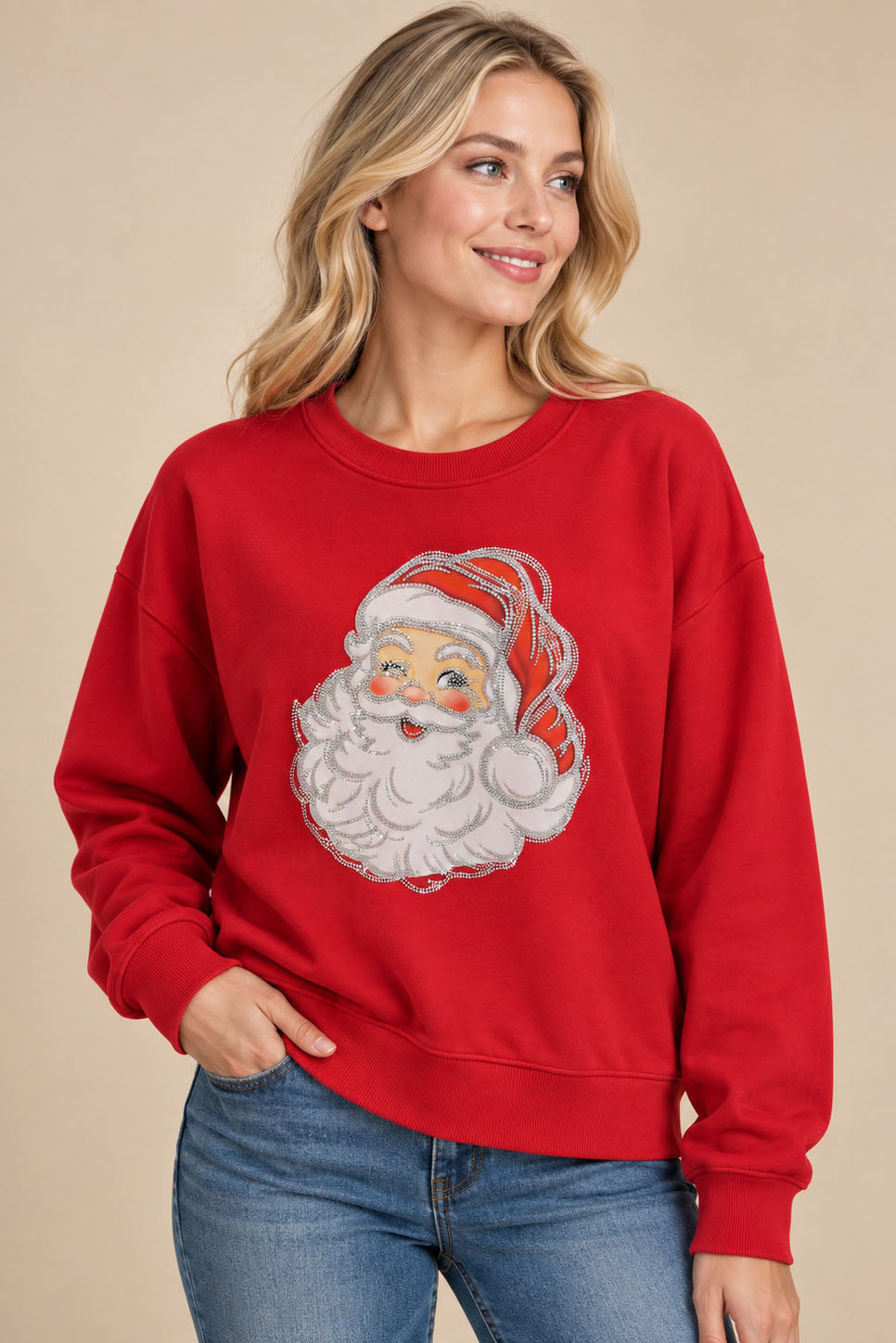 Santa Face Rhinestone Graphic Crewneck
