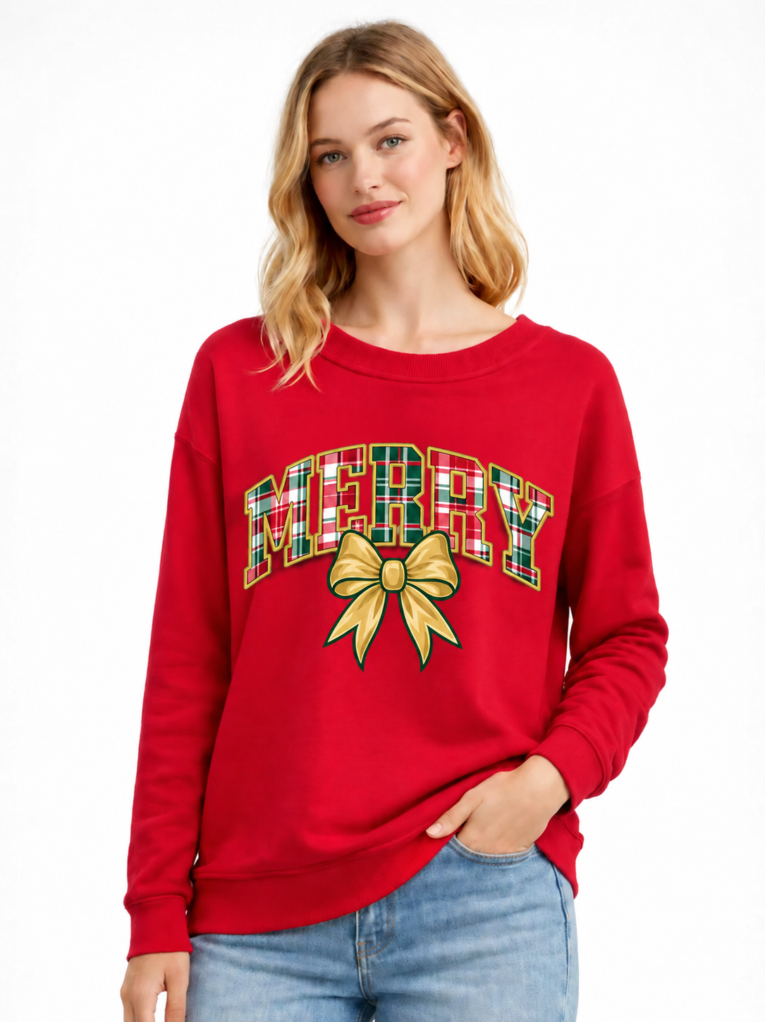 Merry Plaid Bow Christmas Crewneck Sweatshirt