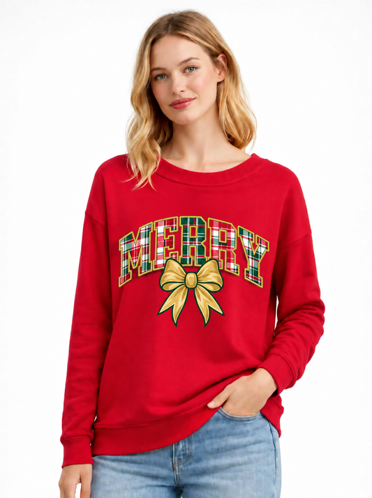Merry Plaid Bow Christmas Crewneck Sweatshirt