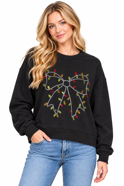 Christmas Lights Rhinestone Bow Crewneck
