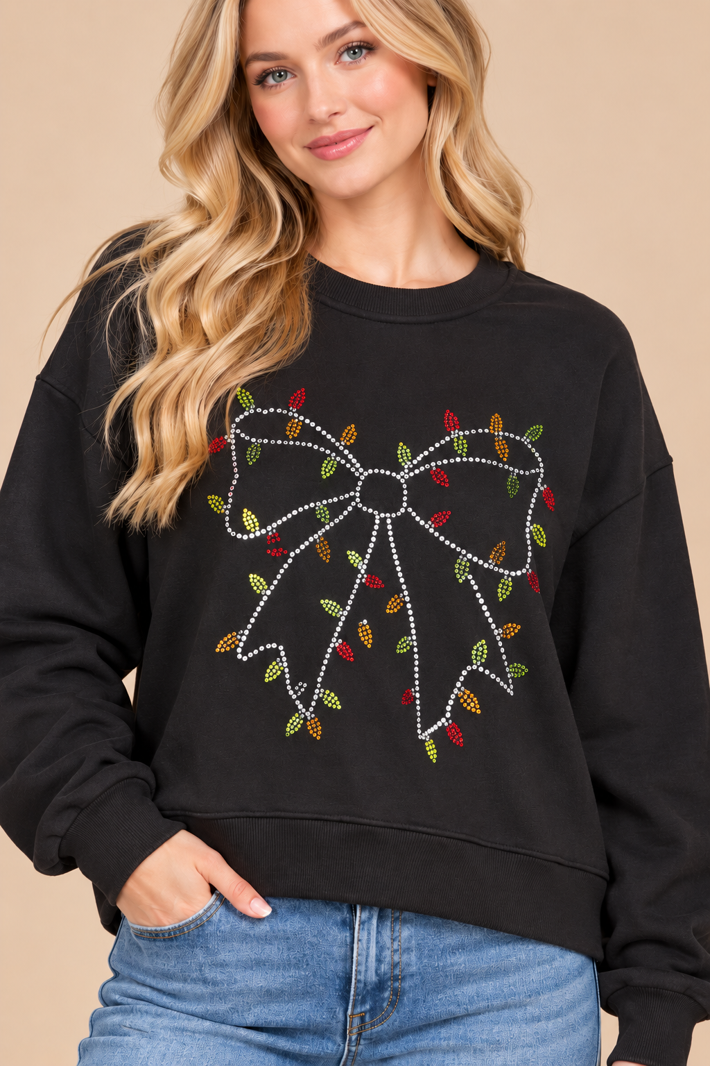 Christmas Lights Rhinestone Bow Crewneck