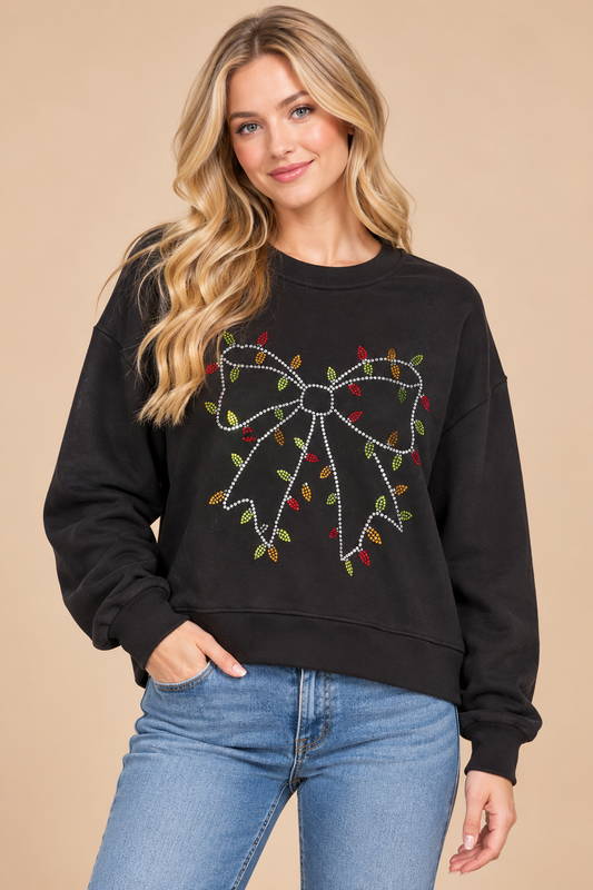Christmas Lights Rhinestone Bow Crewneck