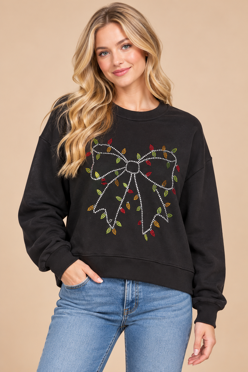 Christmas Lights Rhinestone Bow Crewneck