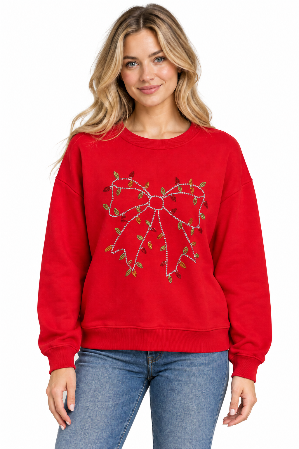 Christmas Lights Rhinestone Bow Crewneck