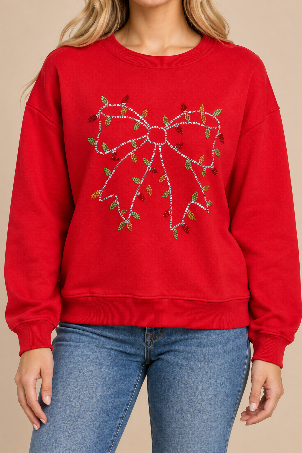 Christmas Lights Rhinestone Bow Crewneck