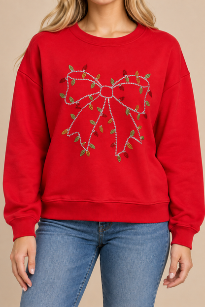 Christmas Lights Rhinestone Bow Crewneck