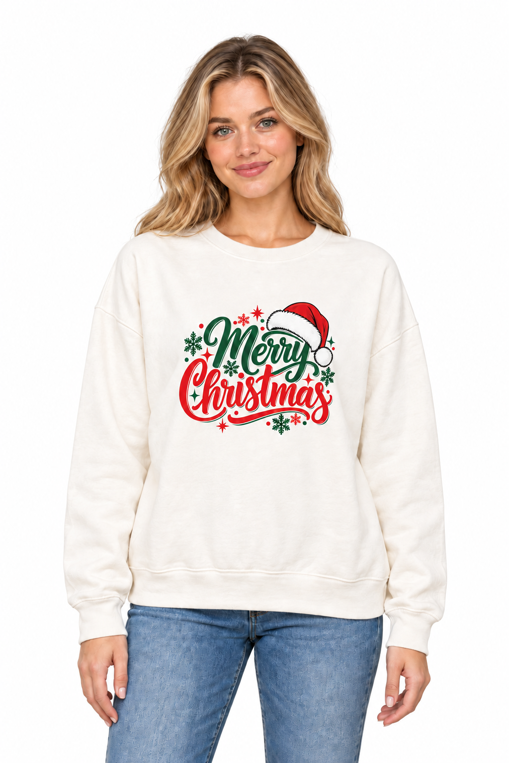 Merry Christmas Santa Hat Graphic Crewneck Sweatshirt