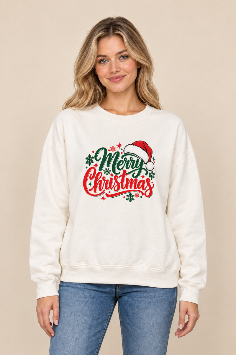 Merry Christmas Santa Hat Graphic Crewneck Sweatshirt