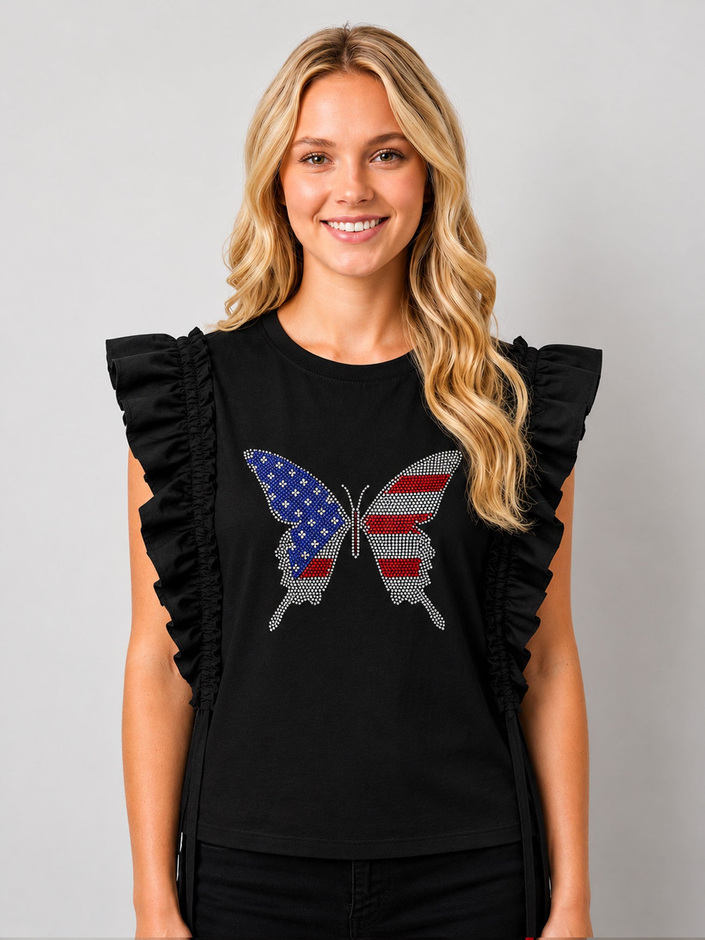 American Butterfly Fly Heat Stone Ruffle Top