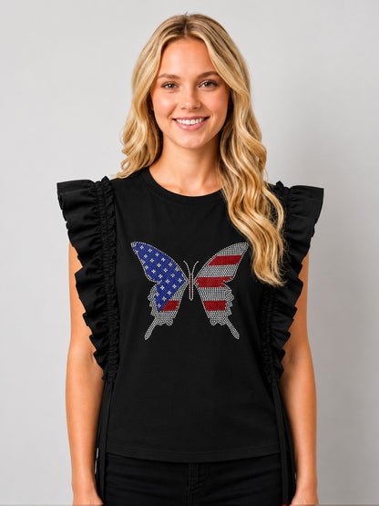 American Butterfly Fly Heat Stone Ruffle Top