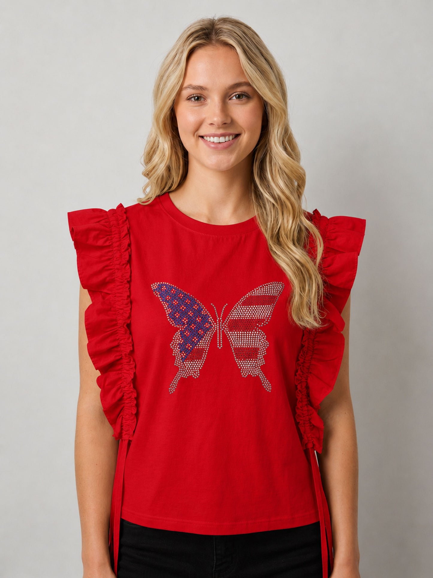 American Butterfly Fly Heat Stone Ruffle Top