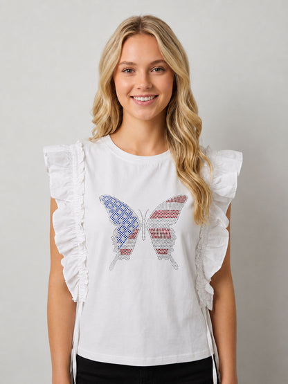 American Butterfly Fly Heat Stone Ruffle Top