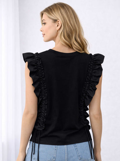 Ruffle Trim Sleeve Drawstring Crew Tee