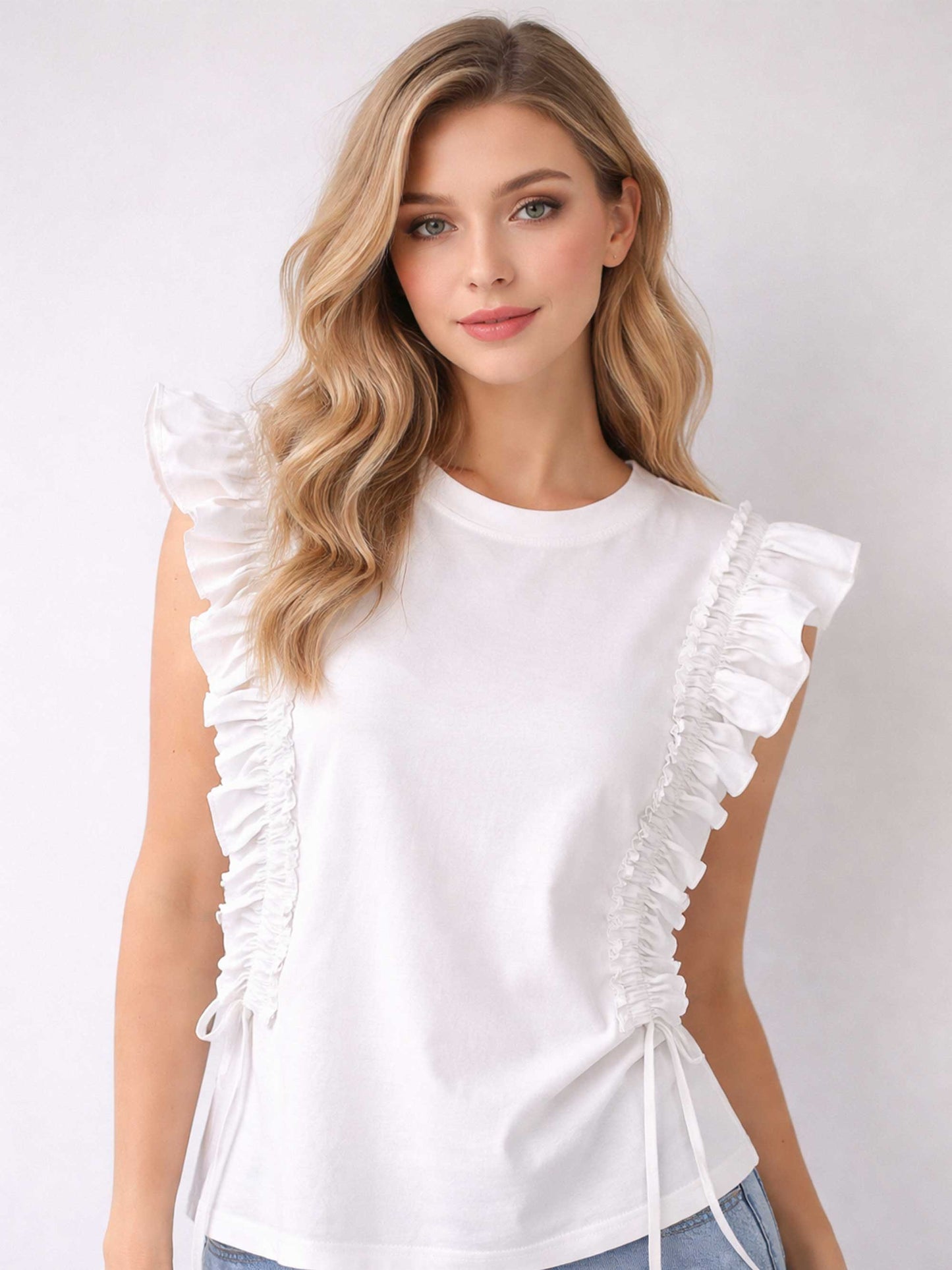 Ruffle Trim Sleeve Drawstring Crew Tee