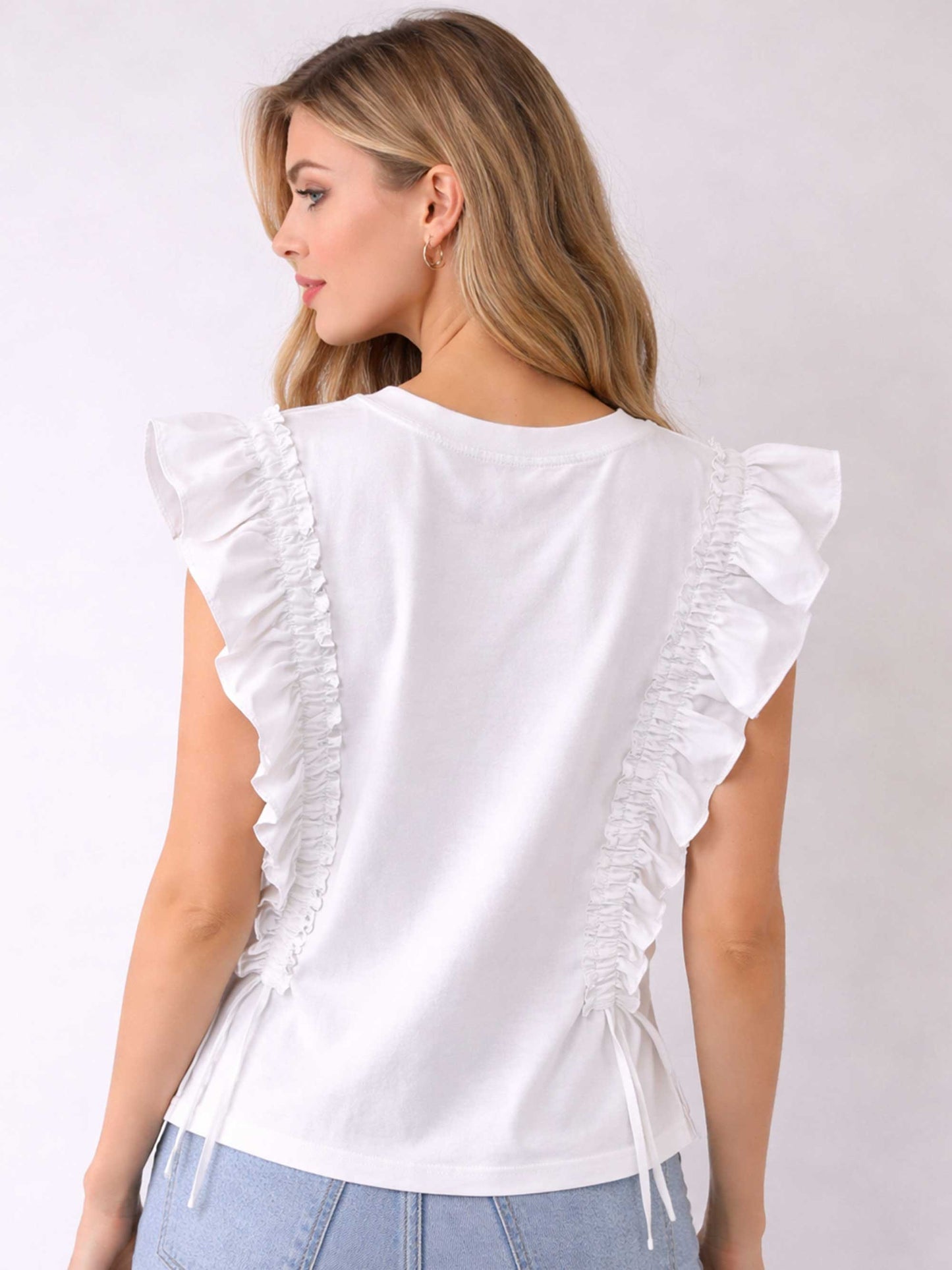 Ruffle Trim Sleeve Drawstring Crew Tee