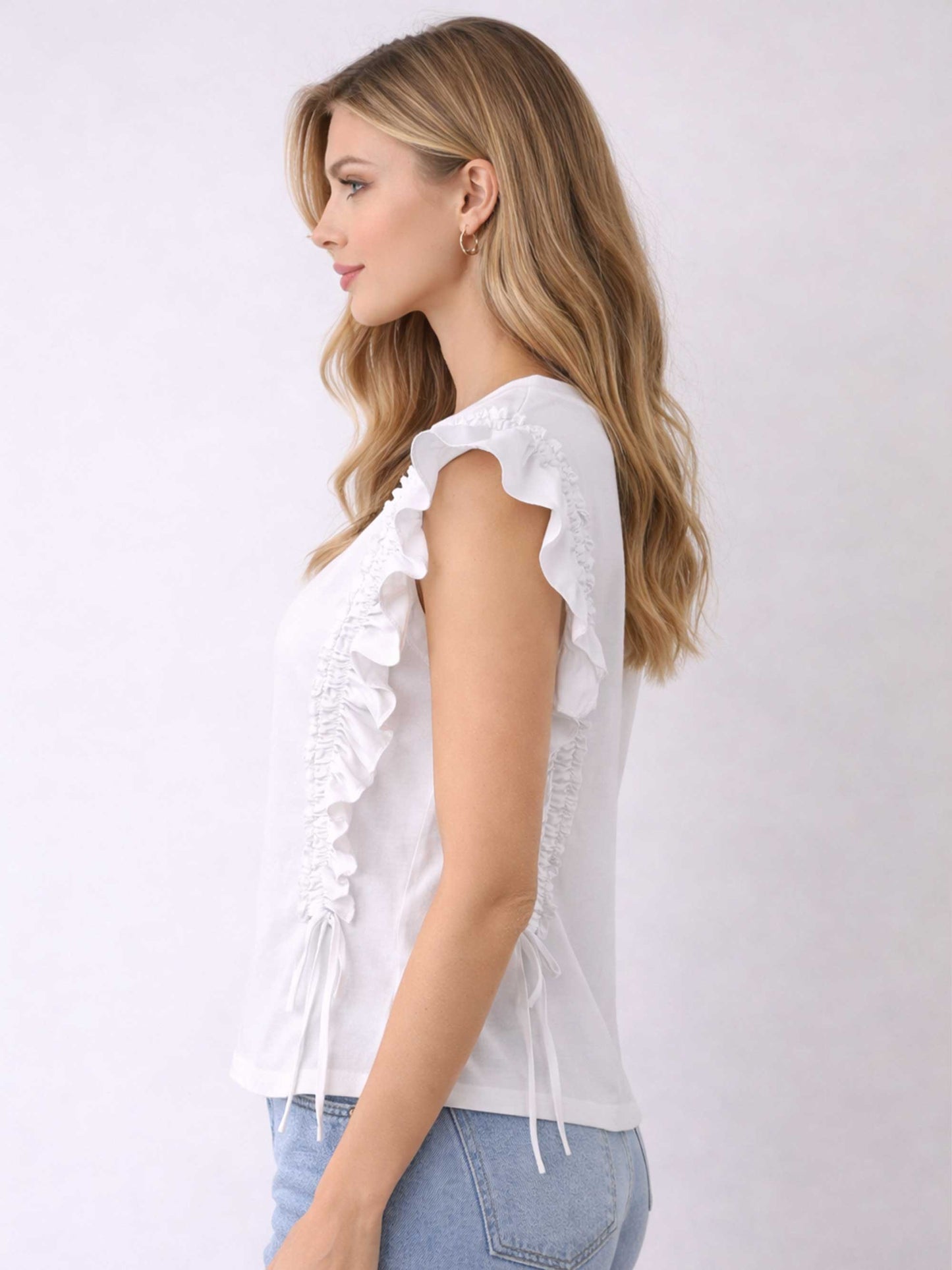 Ruffle Trim Sleeve Drawstring Crew Tee