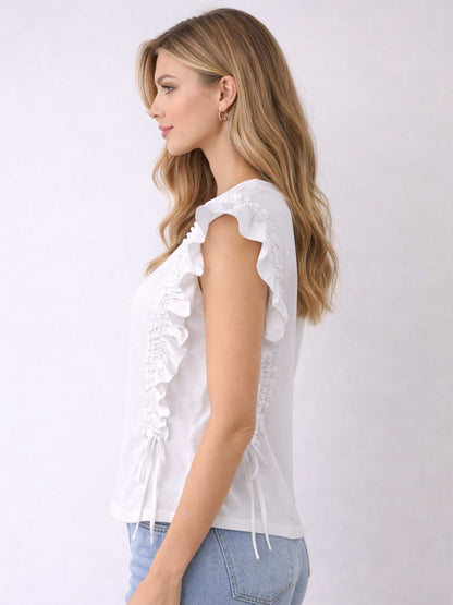 Ruffle Trim Sleeve Drawstring Crew Tee