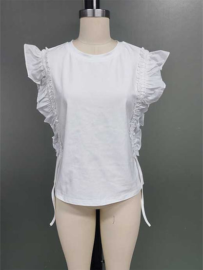 Ruffle Trim Sleeve Drawstring Crew Tee