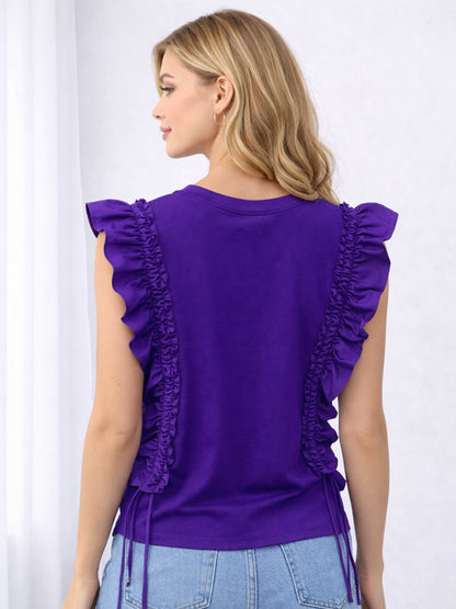 Ruffle Trim Sleeve Drawstring Crew Tee