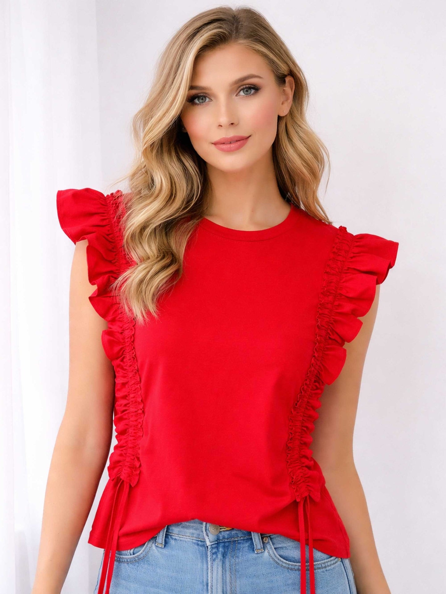 Ruffle Trim Sleeve Drawstring Crew Tee